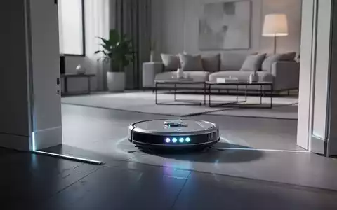 Ein moderner Saugroboter überwindet eine hohe Schwelle in einem stilvollen Wohnzimmer, symbolisierend technologischen Fortschritt in der Haushaltspflege. - Foto: über boerse-global.de