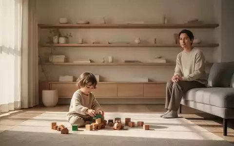 Ein Kind spielt in einem minimalistischen Wohnzimmer mit wenigen Holzspielzeugen. Der Raum ist aufgeräumt und hell. - Foto: über boerse-global.de