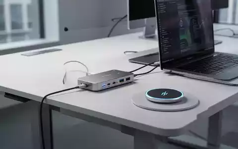 Ein moderner, aufgeräumter Büroschreibtisch mit Stehpult, Laptop und einer fortschrittlichen Docking-Station. - Foto: über boerse-global.de