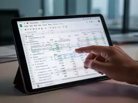 A hand interacting with a tablet displaying a complex Google Sheet, highlighting formulas and data in a modern office setting. - Foto: über boerse-global.de
