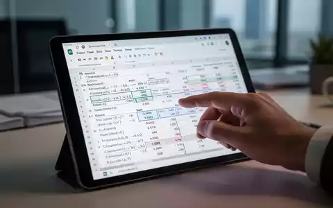 A hand interacting with a tablet displaying a complex Google Sheet, highlighting formulas and data in a modern office setting. - Foto: über boerse-global.de