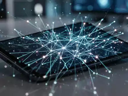 Ein Android-Smartphone-Bildschirm zeigt ein abstraktes Netzwerk aus digitalen Linien und leuchtenden Knoten, das Cybersicherheitsbedrohungen darstellt. - Foto: über boerse-global.de