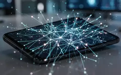Ein Android-Smartphone-Bildschirm zeigt ein abstraktes Netzwerk aus digitalen Linien und leuchtenden Knoten, das Cybersicherheitsbedrohungen darstellt. - Foto: über boerse-global.de