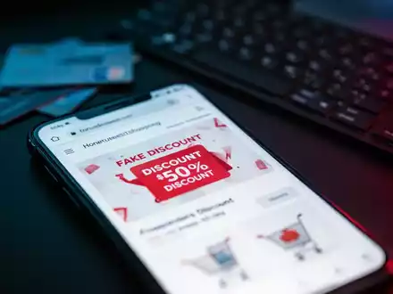 Nahaufnahme eines Smartphones mit einer gefälschten Online-Shop-Seite, die einen Rabatt anzeigt, im Hintergrund verschwommen Kreditkarten. - Foto: über boerse-global.de
