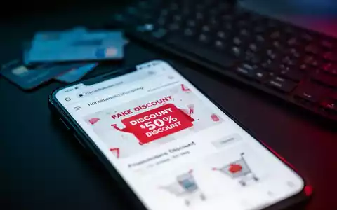 Nahaufnahme eines Smartphones mit einer gefälschten Online-Shop-Seite, die einen Rabatt anzeigt, im Hintergrund verschwommen Kreditkarten. - Foto: über boerse-global.de