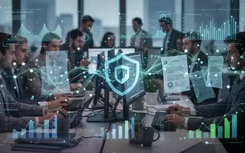 Eine stilisierte digitale Benutzeroberfläche mit Datenpunkten und Diagrammen, überlagert auf einen unscharfen Hintergrund von Büroangestellten. - Foto: über boerse-global.de