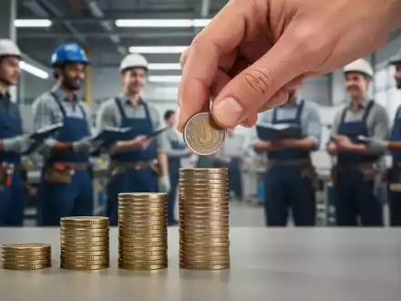 Eine Hand legt eine Münze auf einen Stapel Münzen, der ansteigt, im Hintergrund verschwommen arbeitende Personen. - Foto: über boerse-global.de