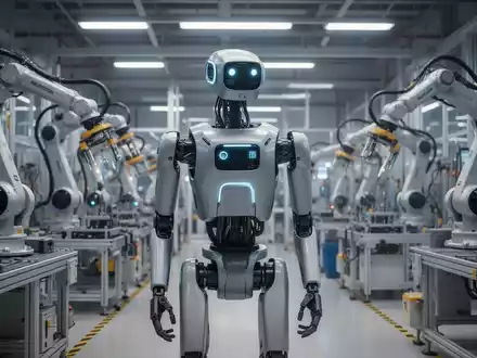 A sophisticated humanoid robot stands in a modern, automated factory with robotic arms and machinery, illustrating AI and robotics in industrial production. - Foto: über boerse-global.de