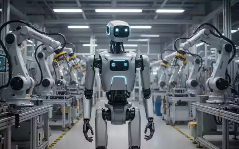 A sophisticated humanoid robot stands in a modern, automated factory with robotic arms and machinery, illustrating AI and robotics in industrial production. - Foto: über boerse-global.de