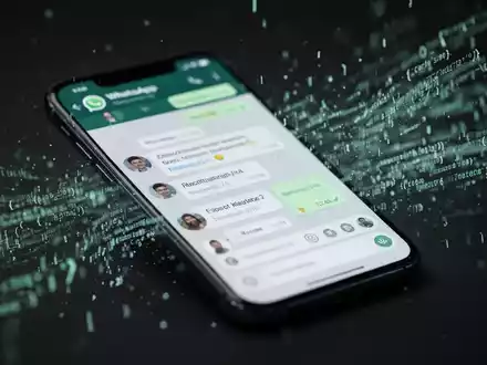Ein Smartphone-Bildschirm zeigt eine WhatsApp-Chat-Oberfläche mit abstrakten digitalen Daten, die um ihn herumfließen. - Foto: über boerse-global.de