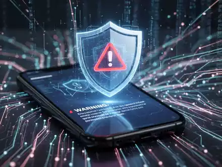 A digital shield icon on a smartphone screen with a warning message, symbolizing AI-powered fake call detection and cybersecurity. - Foto: über boerse-global.de