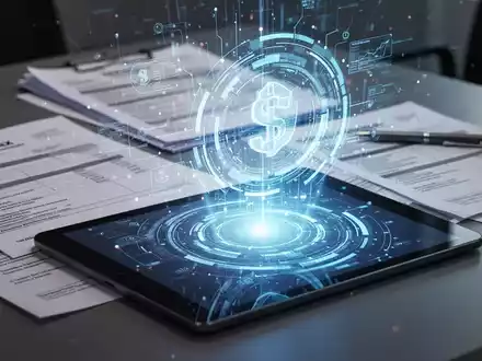 Eine Hand tippt auf ein Tablet, das digitale Steuerdokumente und eine leuchtende holografische Schnittstelle anzeigt. - Foto: über boerse-global.de