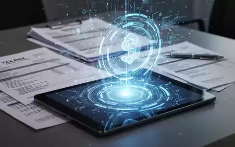 Eine Hand tippt auf ein Tablet, das digitale Steuerdokumente und eine leuchtende holografische Schnittstelle anzeigt. - Foto: über boerse-global.de
