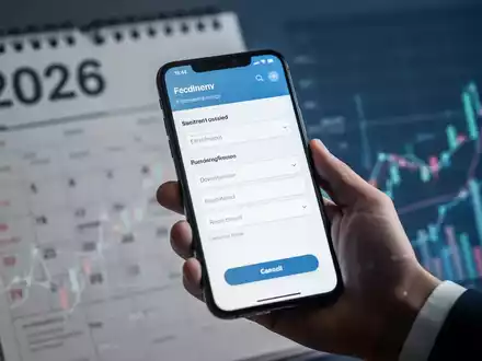 Eine Hand hält ein Smartphone mit einer digitalen Form. Im Hintergrund ein Kalender mit 2026 und Finanzdiagramme. - Foto: über boerse-global.de
