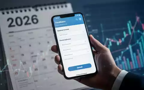 Eine Hand hält ein Smartphone mit einer digitalen Form. Im Hintergrund ein Kalender mit 2026 und Finanzdiagramme. - Foto: über boerse-global.de