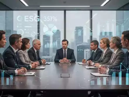 Geschäftsleute in einem modernen Sitzungssaal diskutieren über ESG-Standards und Corporate Governance, mit digitalen Diagrammen im Hintergrund. - Foto: über boerse-global.de