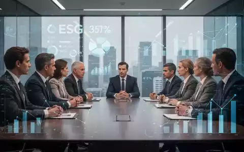 Geschäftsleute in einem modernen Sitzungssaal diskutieren über ESG-Standards und Corporate Governance, mit digitalen Diagrammen im Hintergrund. - Foto: über boerse-global.de