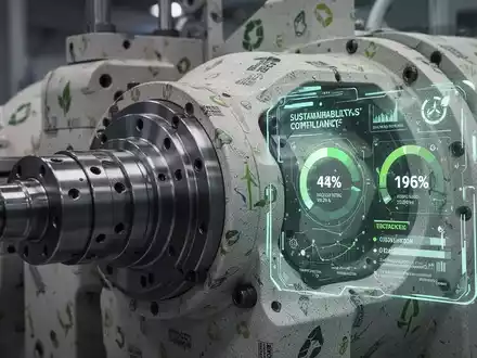 Nahaufnahme einer komplexen Maschinenkomponente mit digitalen Anzeigen für Nachhaltigkeits- und Compliance-Daten, gefertigt aus recycelten Materialien. - Foto: über boerse-global.de