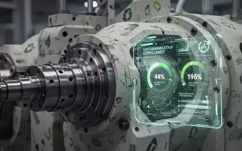 Nahaufnahme einer komplexen Maschinenkomponente mit digitalen Anzeigen für Nachhaltigkeits- und Compliance-Daten, gefertigt aus recycelten Materialien. - Foto: über boerse-global.de