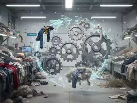 Eine stilisierte Grafik zeigt den Textilrecyclingprozess mit Zahnrädern, die Zusammenarbeit und Wettbewerb symbolisieren. - Foto: über boerse-global.de