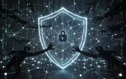Ein abstraktes Bild, das digitale Sicherheit darstellt, mit leuchtenden Linien, die einen Schutzschild über Datenpunkten bilden. - Foto: über boerse-global.de
