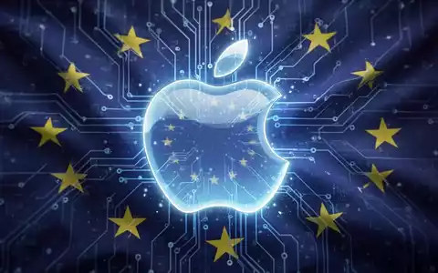 Ein stilisiertes, blau leuchtendes Apple-Logo, teilweise verdeckt von digitaler Schaltung und EU-Flaggen-Elementen. - Foto: über boerse-global.de