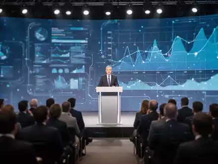 Ein Rednerpult auf einer Digitalkonferenz mit verschwommenem Publikum und Bildschirmen im Hintergrund, die Daten anzeigen. - Foto: über boerse-global.de