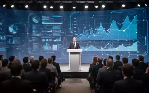 Ein Rednerpult auf einer Digitalkonferenz mit verschwommenem Publikum und Bildschirmen im Hintergrund, die Daten anzeigen. - Foto: über boerse-global.de