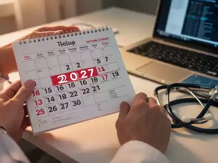 Eine Person hält einen Kalender mit dem hervorgehobenen Jahr 2027, daneben ein Stethoskop und ein Laptop, symbolisiert die Teilarbeitsunfähigkeit. - Foto: über boerse-global.de