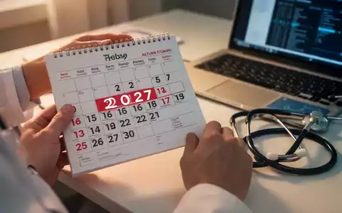 Eine Person hält einen Kalender mit dem hervorgehobenen Jahr 2027, daneben ein Stethoskop und ein Laptop, symbolisiert die Teilarbeitsunfähigkeit. - Foto: über boerse-global.de
