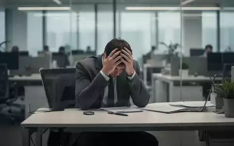 Eine Person sitzt mit dem Kopf in den Händen an einem modernen Büroschreibtisch, umgeben von einem unscharfen Büro. - Foto: über boerse-global.de