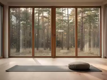 Ein ruhiger Meditationsraum mit großen Fenstern, die einen Blick auf einen friedlichen Wald in Brandenburg bieten. - Foto: über boerse-global.de