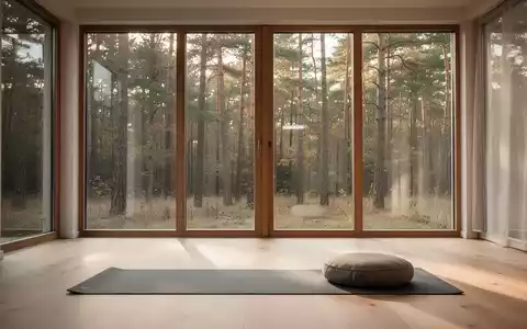 Ein ruhiger Meditationsraum mit großen Fenstern, die einen Blick auf einen friedlichen Wald in Brandenburg bieten. - Foto: über boerse-global.de