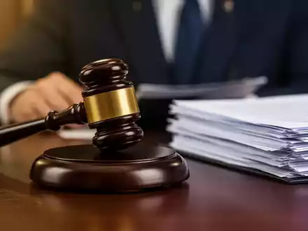 Ein Nahaufnahme eines Holzhammers auf einem dunklen Schreibtisch, umgeben von juristischen Dokumenten und einer unscharfen Person im Hintergrund. - Foto: ĂĽber boerse-global.de