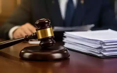 Ein Nahaufnahme eines Holzhammers auf einem dunklen Schreibtisch, umgeben von juristischen Dokumenten und einer unscharfen Person im Hintergrund. - Foto: über boerse-global.de