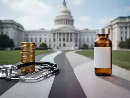 Zwei sich verzweigende Wege, einer führt zu Geld und Stethoskop, der andere zu einem homöopathischen Mittel, vor Regierungsgebäuden. - Foto: über boerse-global.de