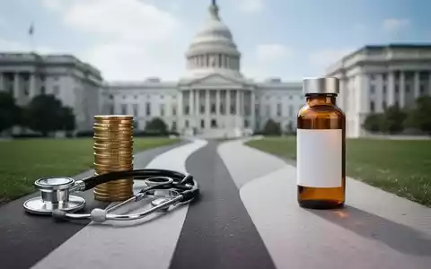 Zwei sich verzweigende Wege, einer führt zu Geld und Stethoskop, der andere zu einem homöopathischen Mittel, vor Regierungsgebäuden. - Foto: über boerse-global.de