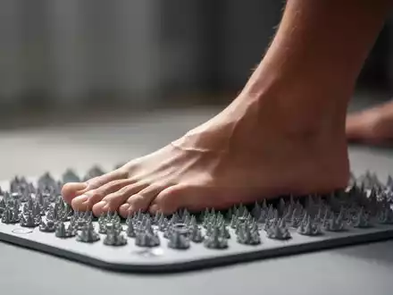 Nahaufnahme eines Fußes auf einer Akupressurmatte, symbolisch für Schmerzlinderung und Reflexzonentherapie. - Foto: über boerse-global.de