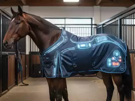 Ein Pferd in einem Stall trägt eine moderne, technologische Therapiedecke, die Wärme- und Massagefunktionen integriert, um die Muskeln zu unterstützen. - Foto: über boerse-global.de