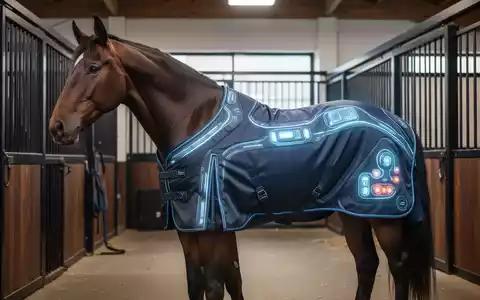 Ein Pferd in einem Stall trägt eine moderne, technologische Therapiedecke, die Wärme- und Massagefunktionen integriert, um die Muskeln zu unterstützen. - Foto: über boerse-global.de