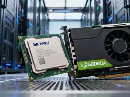 Nahaufnahme von SK Hynix-Mikrochips und einer Nvidia-GPU, mit Serverracks in einem Rechenzentrum im Hintergrund. - Foto: über boerse-global.de