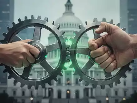Eine Hand versucht, ein Zahnrad in eine Richtung zu drehen, während eine größere Hand es in die entgegengesetzte Richtung drückt. - Foto: über boerse-global.de
