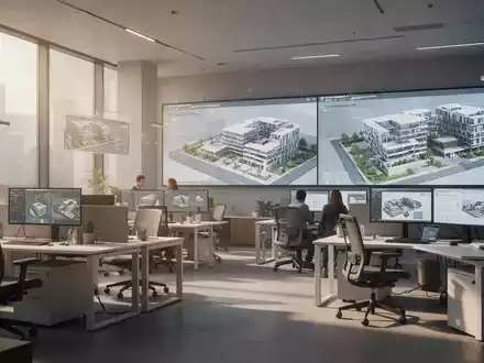 Ein modernes Büro mit ergonomischen Möbeln, flexiblen Arbeitsbereichen und digitalen Bildschirmen, die 3D-Architekturrenderings zeigen. - Foto: über boerse-global.de
