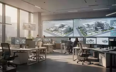 Ein modernes Büro mit ergonomischen Möbeln, flexiblen Arbeitsbereichen und digitalen Bildschirmen, die 3D-Architekturrenderings zeigen. - Foto: über boerse-global.de