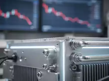 Nahaufnahme eines modernen Wasserstoff-Brennstoffzellenstapels mit blauem Licht und unscharfen, fallenden Finanzcharts im Hintergrund. - Foto: über boerse-global.de