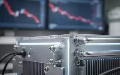 Nahaufnahme eines modernen Wasserstoff-Brennstoffzellenstapels mit blauem Licht und unscharfen, fallenden Finanzcharts im Hintergrund. - Foto: über boerse-global.de