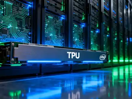 Ein futuristisches Rechenzentrum mit leuchtenden Server-Racks, die mit komplexen Schaltkreisen und einer prominenten TPU-Einheit gefüllt sind. - Foto: über boerse-global.de