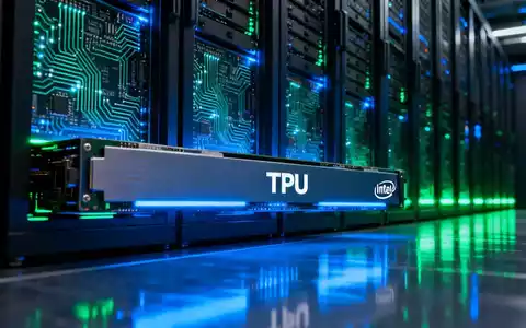 Ein futuristisches Rechenzentrum mit leuchtenden Server-Racks, die mit komplexen Schaltkreisen und einer prominenten TPU-Einheit gefüllt sind. - Foto: über boerse-global.de