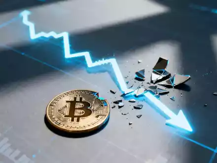 Eine abstrakte Darstellung des fallenden Bitcoin-Wertes, mit visuellen Metaphern für Verlust und finanziellen Rückgang. - Foto: über boerse-global.de