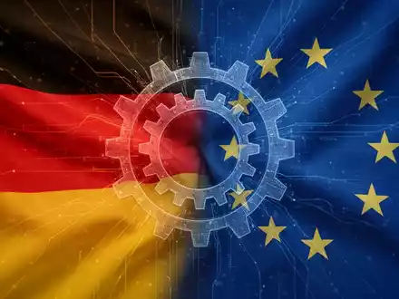 Abstrakte Darstellung der deutschen und EU-Flaggen, die ineinander übergehen, mit digitalen Linien und einem Zahnradsymbol. - Foto: über boerse-global.de